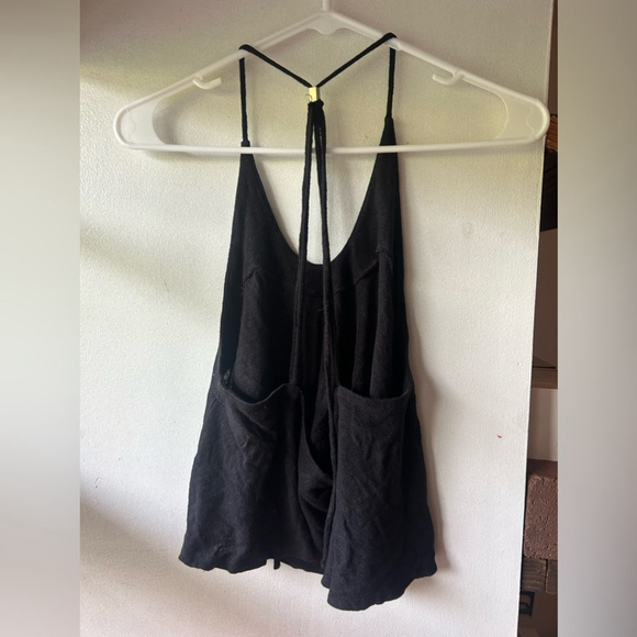 Free People Long Weekend Tank Top Halter Keyhole Neck Linen Blend Black Womens S - Picture 4 of 6